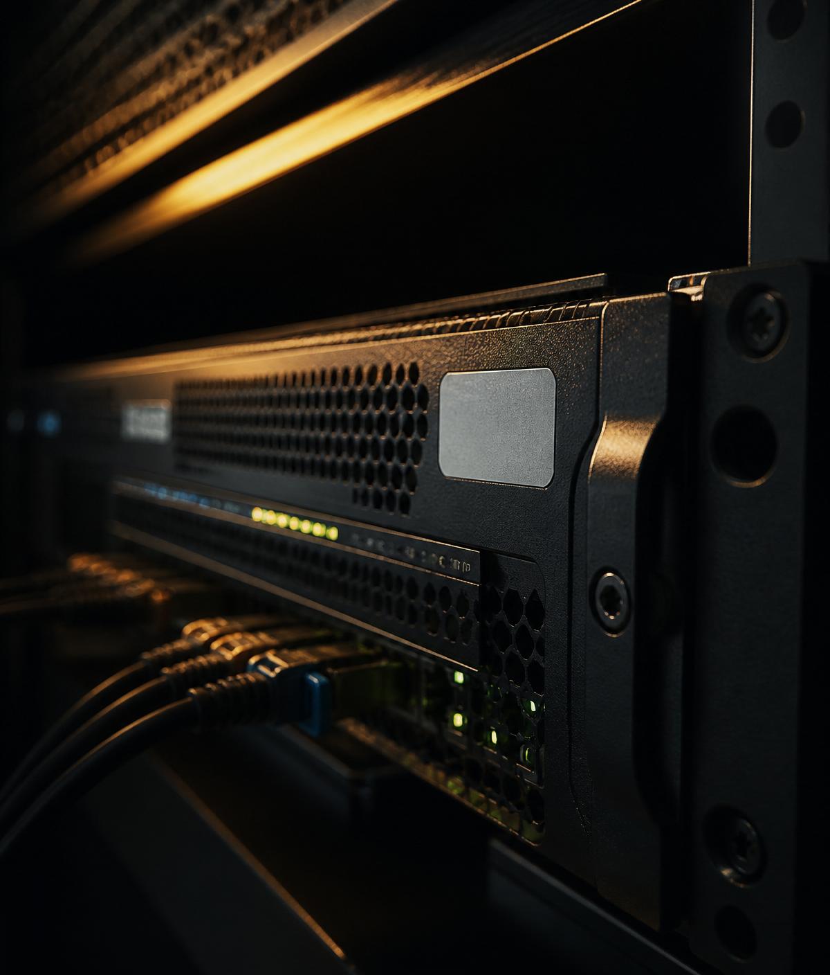 Close-up of a server chassis with status LEDs, cabling, and asset tag